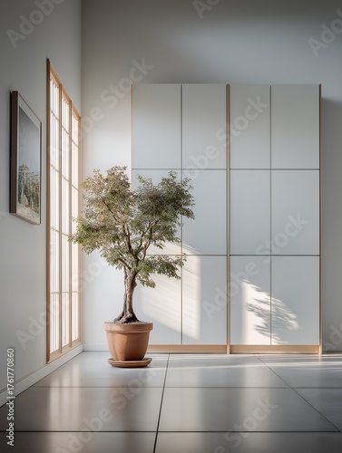 Minimal interior with bonsai tree and sunlight through window