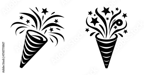 Black and white party poppers exploding with confetti stars and streamers celebration symbols