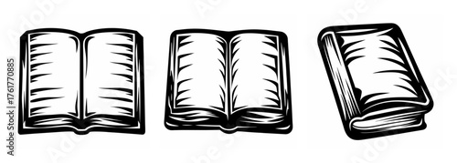 Three sketches of an open book or tablets showing inscribed text viewed from different angles