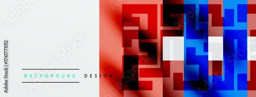 Abstract geometric design. Red, blue gradients dominate right side. White space left, text labels present. Modern aesthetic.