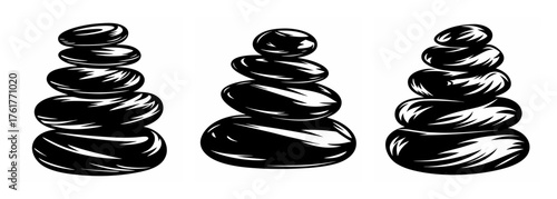 Three zen stone stacks carefully balanced for serenity and tranquility meditation wellbeing balance