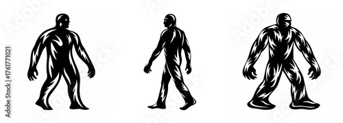 Three figures of a walking person in different poses shown from various angles as silhouette icons