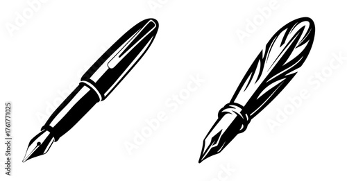 Two vintage pen designs fountain pen and quill style pen sketches detailed ink drawings