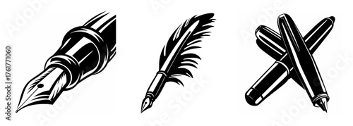 Classic writing tools fountain pen quill pen and markers for creative expression and artistic design elements