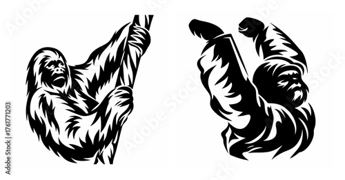 Stylized black and white image of a primate climbing with strong muscular limbs and fur detail