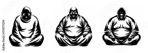 Three distinct person figures sitting in meditative poses artistic sketch in black and white style