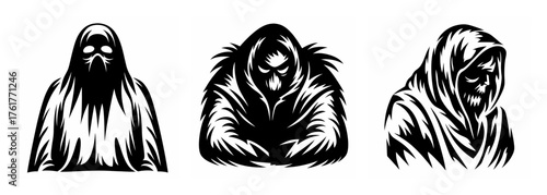 Three menacing figures in hoods with intense gazes dark and mysterious digital art collection