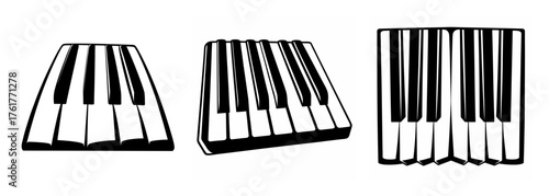 Artistic depictions of piano keyboard sections offering multiple perspective views for musical inspiration