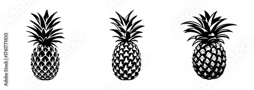 Three detailed black and white graphic representations of pineapples with distinctive spiky crowns lined up horizontally