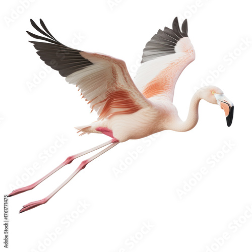 Greater Flamingo Bird Flying full body view isolated on white or transparent background