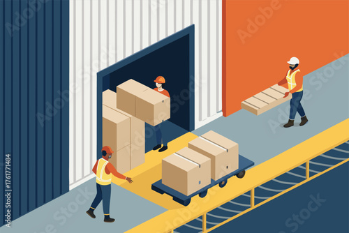 Market loading dock, workers unloading boxes.