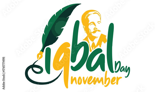 "Iqbal Day Quill Logo – Creative Green & Yellow Tribute Design Honoring Allama Iqbal’s Literary Legacy"