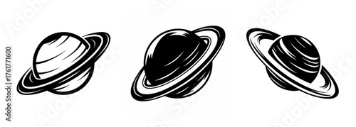 Three textured planets with rings like saturn in different dynamic angles sketch art