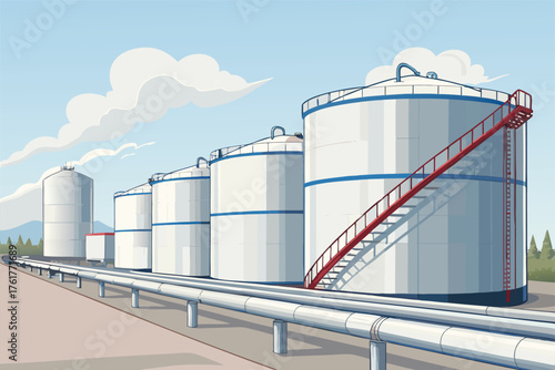 Vast petroleum storage tanks and intricate pipelines under a crystal clear sky, showcasing industrial might and energy infrastructure.