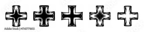Collection of five sketchy black and white cross symbols ideal for graphic design projects and medical themes