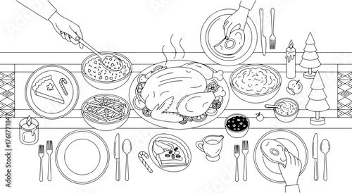 A beautiful view of a festive Christmas dinner table. Decorated with roasted turkey and various traditional foods. Ideal concept for holiday graphics, posters or social media posts.