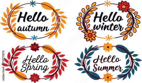 four seasons greetings floral wreath vector set