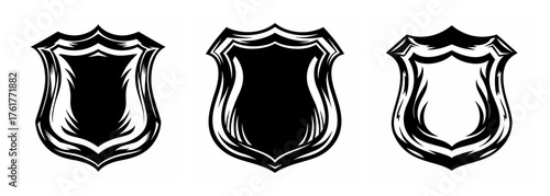 Three shield emblems dark silhouette graphic icons representing authority security law enforcement justice emblematic shapes