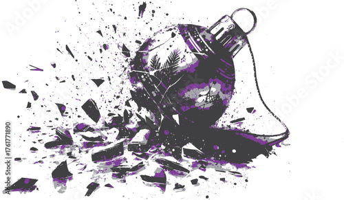  Monochrome holiday scene featuring a shattered Christmas ornament bursting outward, creating dynamic shards and debris. Energetic, dramatic composition communicates chaos