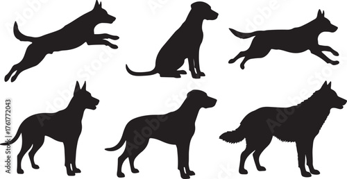 Collection of various dog breed silhouettes in different poses such as running, jumping, sitting, and standing, isolated on a white background