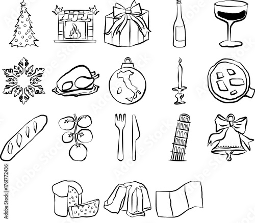 hand drawn set of italian christmas doodles minimal holiday ink style Italian culture vector of panettone hand drawn pandoro outline italy flag vector of pisa tower