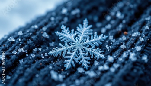 Close-up macro photograph of a delicate snowflake on a dark wool mitten, intricate crystal structure, shallow depth of field, icy blue and white colors.