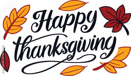 happy thanksgiving calligraphy with autumn leaves vector