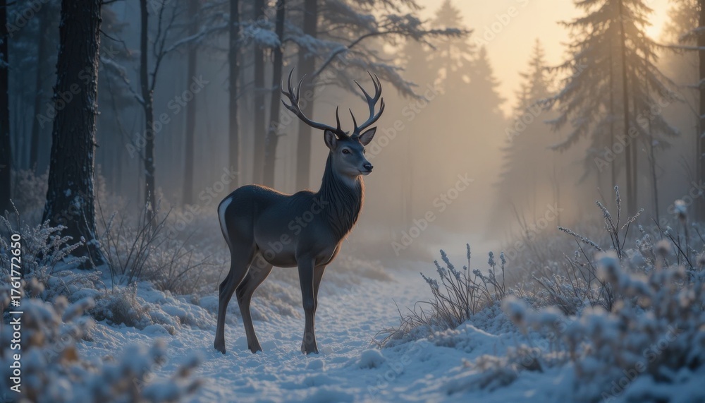 Fototapeta premium An elegant deer standing in the snow-covered forest at dusk, misty air and soft light creating a mystical feeling.