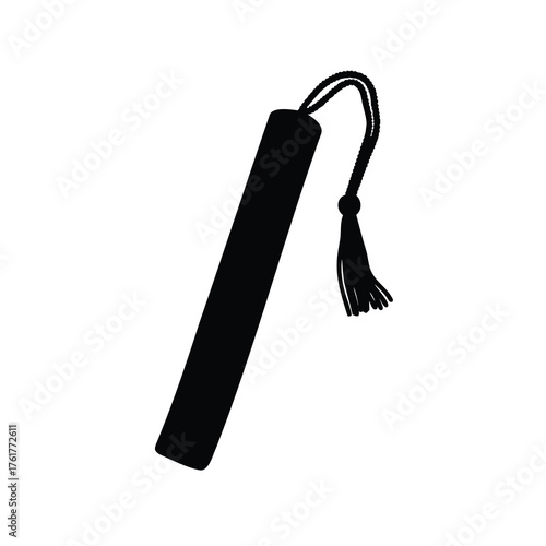 A simple, minimalist silhouette illustration of a bookmark with tassel and rope.