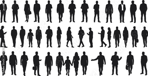 Silhouette people collection, diverse human poses, walking, standing, gesturing, holding objects, black figures, posture study, professional attire, white background