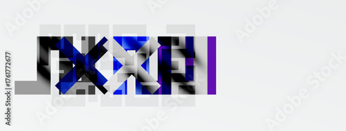 Abstract digital art. Blue, gray, purple blocks form fragmented shapes. Minimalist composition, clean background. Modern aesthetic.