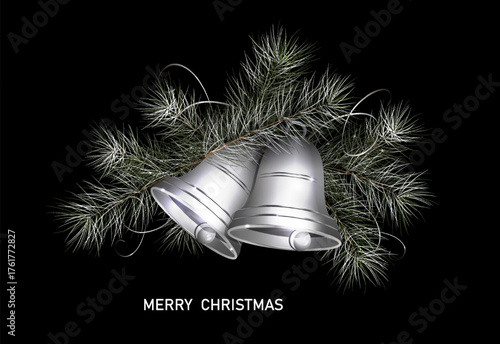 Merry Christmas. Isolated garland of white bells and fir branches.
