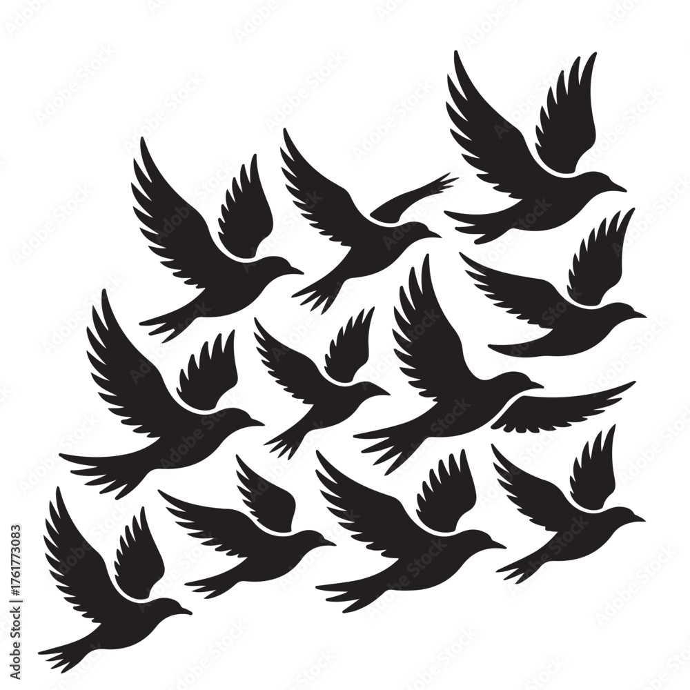 Obraz premium Silhouette of flying birds on white background. Inspirational body flash tattoo ink. Vector.