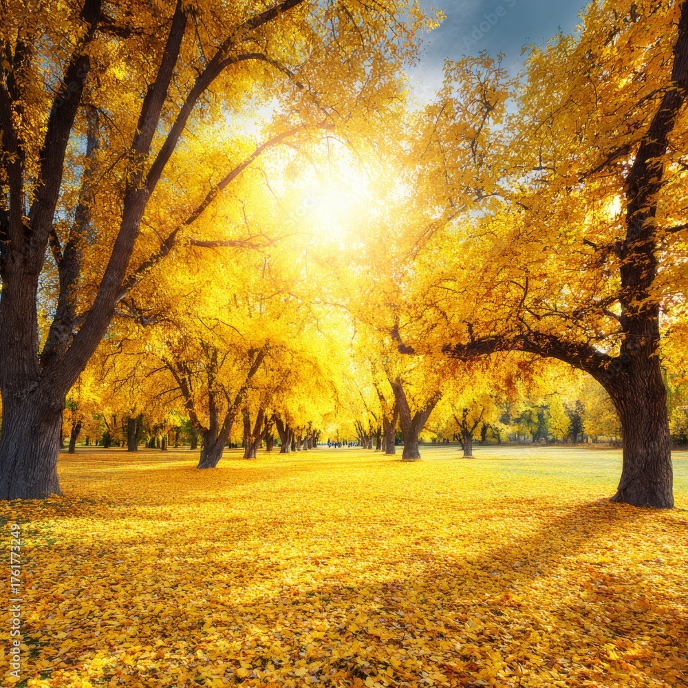 Fototapeta premium Eternal autumn: nature's masterpiece in radiant hues. Epic poster. Vivid autumn dreamscape: a bright canvas of leaves and light. Action poster. Film poster.