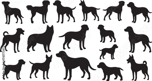 Collection of black dog silhouettes in various poses, perfect for design and creative projects
