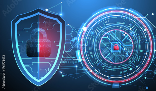 Abstract technological background on the topic of information protection. Various technological elements with padlocks inside which is a digital code.