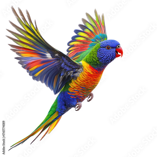 Rainbow Lorikeet bird Flying full body view isolated on white or transparent background