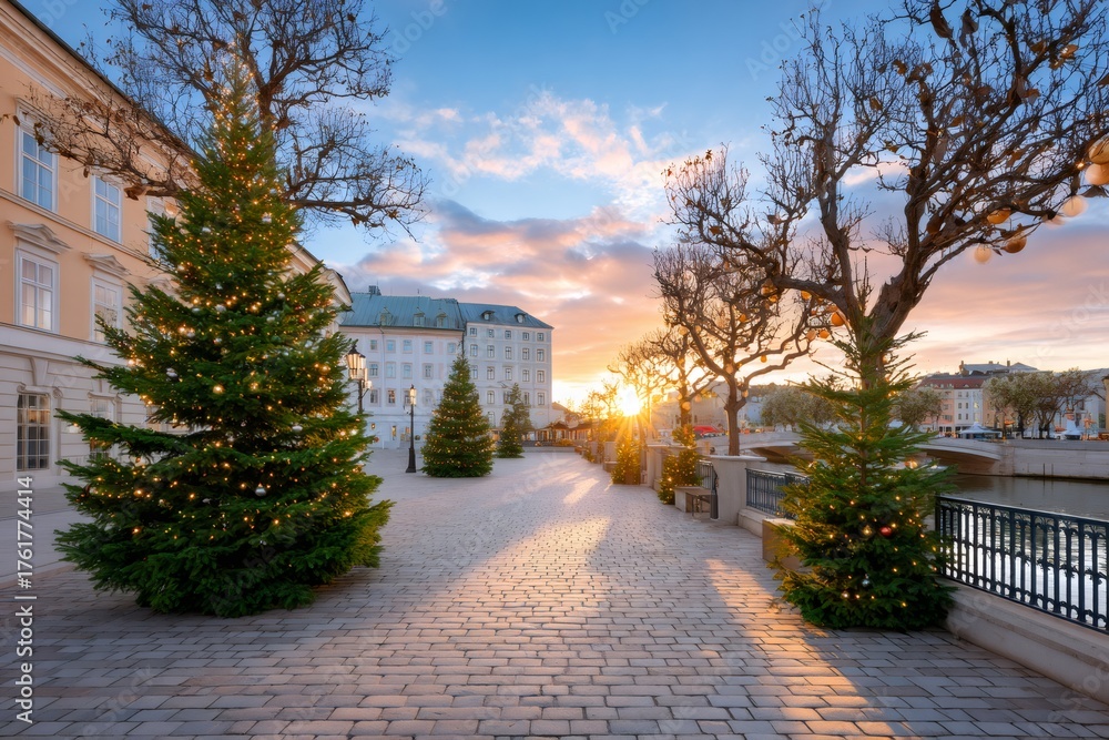 Fototapeta premium Salzburg city promenade decorating for Christmas at sunrise