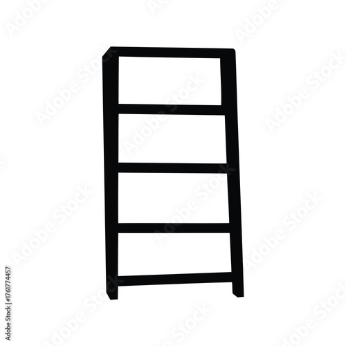 Black shelving unit with four shelves against a white background illustration
