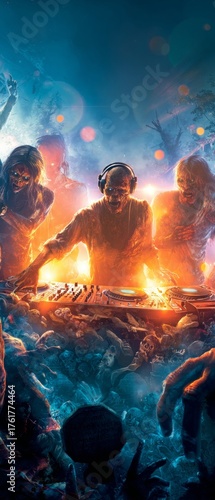 Dancing with the undead: a halloween night to remember. Fantasy poster. Halloween horror party: zombies dance at a vibrant cemetery gathering. Thriller poster. Hero poster.