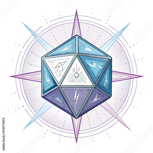 A photorealistic vector illustration of a perfectly symmetrical, multifaceted, glossy, cube-shaped enigmatic entity, casting sharp, clean shadows on a neutral, subtle backdrop.