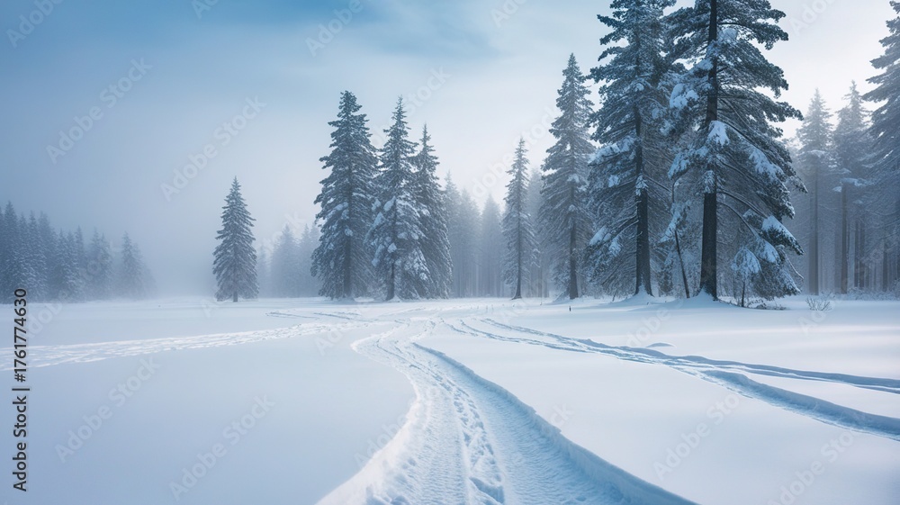 Obraz premium Snow-covered landscape with tire tracks leading through a winter forest scene