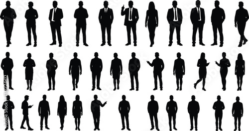 Silhouettes of diverse human figures, professional and casual poses, business attire, gesturing hands, standing postures, urban lifestyle, communication, diversity, teamwork