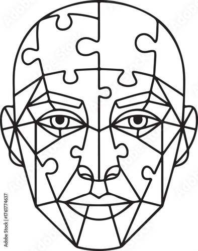 Geometric human face composed of puzzle pieces and lines
