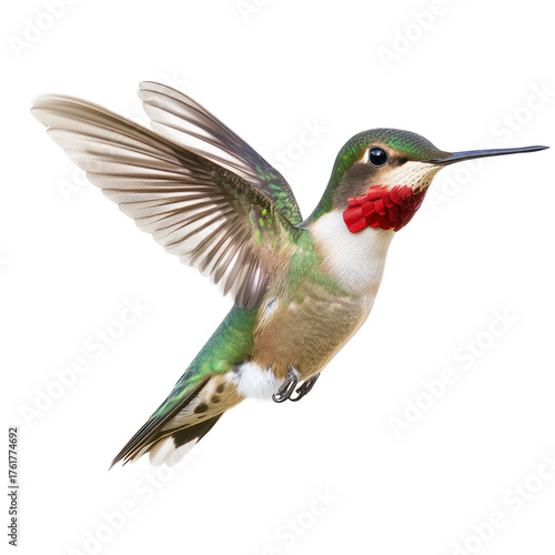 Ruby throated Hummingbird full body view isolated on white or transparent background