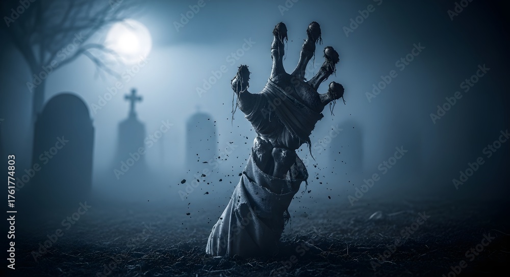 Naklejka premium Zombie hand emerging from grave in eerie moonlit cemetery