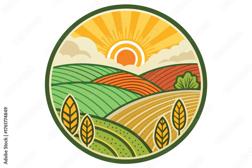 Naklejka premium Organic farm label concept with scenic farm lands.
