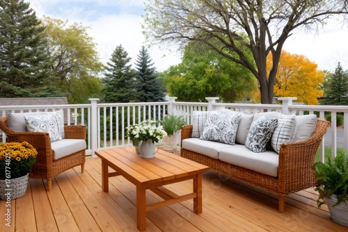 Outdoor deck area with wicker furniture and autumn trees