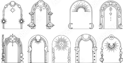 Linear boho arch frames. Bohemian arched borders shapes with stars, orbits and sun rays. Celestial and cosmic geometric minimalist decorative line art vector templates set with editable stroke path.