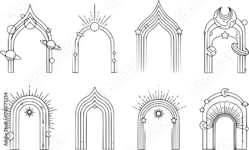 Linear boho arch frames. Bohemian arched borders shapes with stars, orbits and sun rays. Celestial and cosmic geometric minimalist decorative line art vector templates set with editable stroke path.